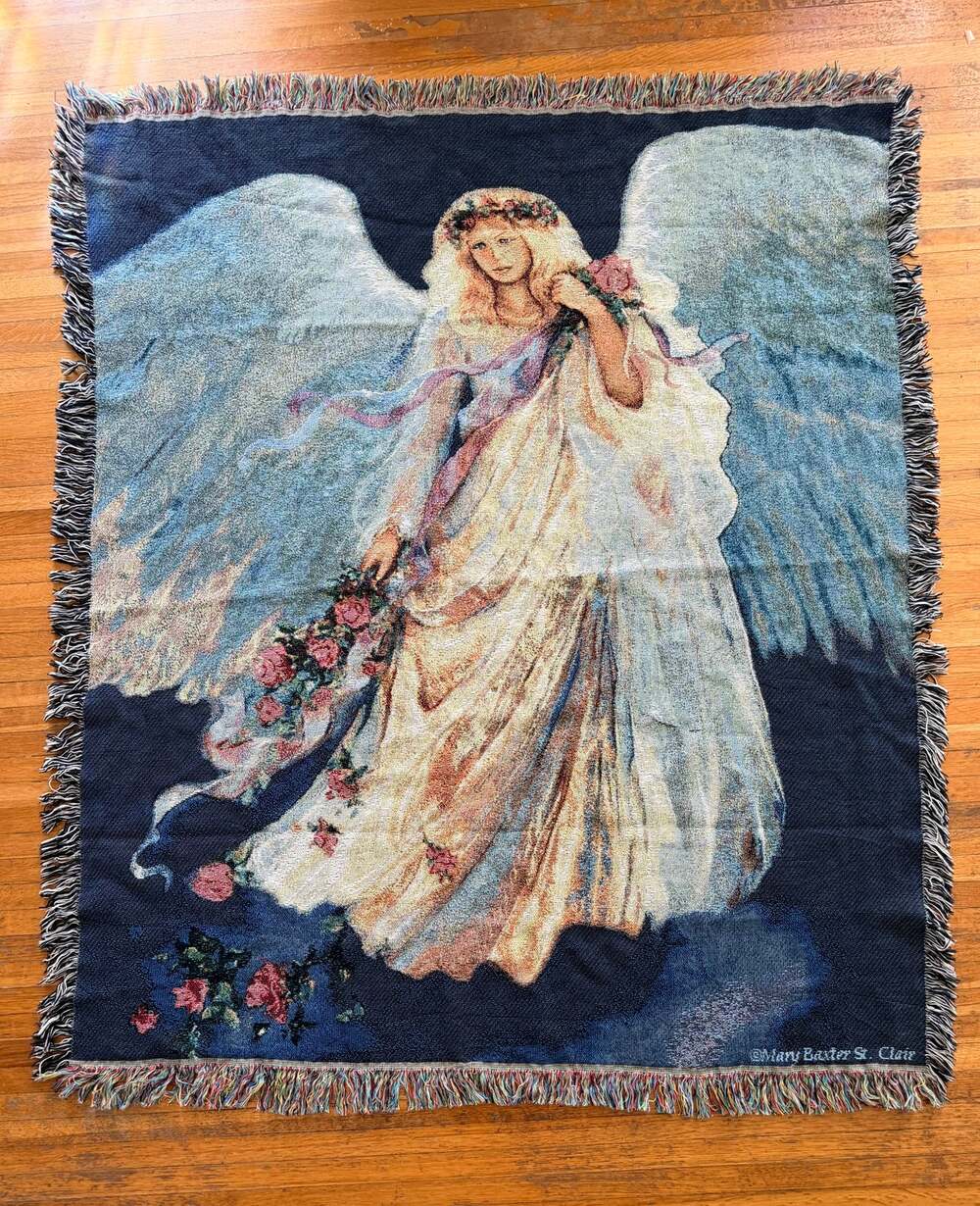 Vintage Manual Woodworkers Messenger of Love Tapestry Woven Fairy Angel Blanket